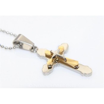 NSA|Acciaio : Collana pallini uomo donna ciondolo croce trilobata cromato e oro frecciata  a punta