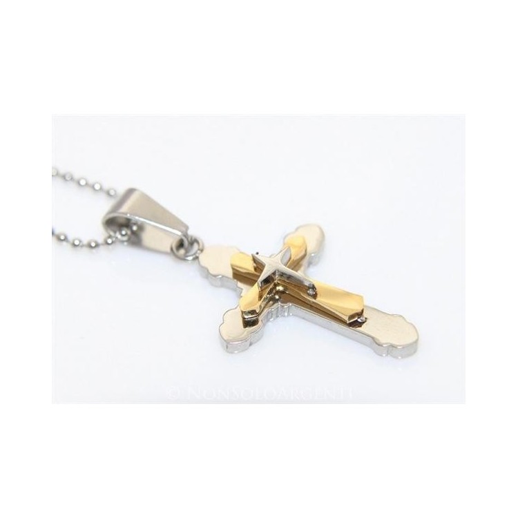 NSA|Acciaio : Collana pallini uomo donna ciondolo croce trilobata cromato e oro frecciata  a punta