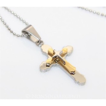 NSA|Acciaio : Collana pallini uomo donna ciondolo croce trilobata cromato e oro frecciata  a punta
