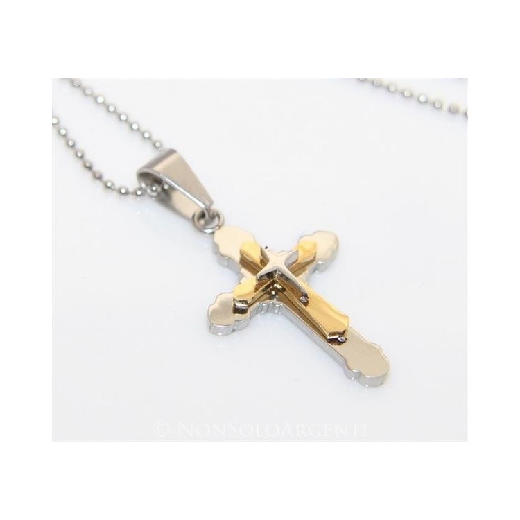 NSA|Acciaio : Collana pallini uomo donna ciondolo croce trilobata cromato e oro frecciata  a punta