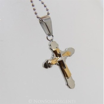 NSA|Acciaio : Collana pallini uomo donna ciondolo croce trilobata cromato e oro frecciata  a punta