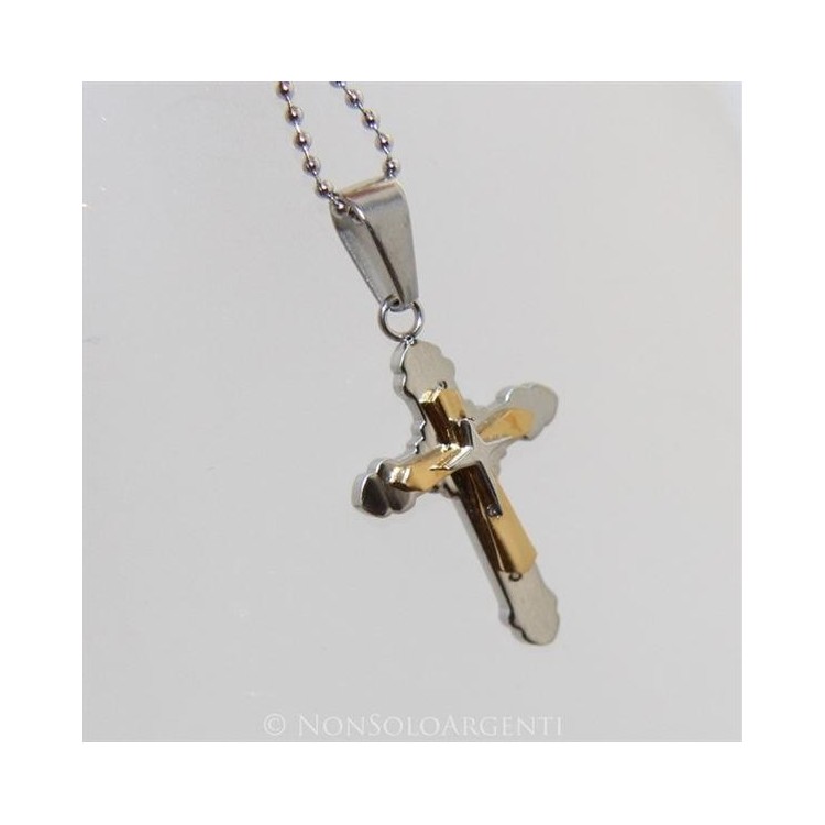 NSA|Acciaio : Collana pallini uomo donna ciondolo croce trilobata cromato e oro frecciata  a punta