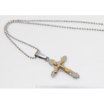 NSA|Steel necklace balls trilobate cross pendant chromed and gold pointed arrowhead