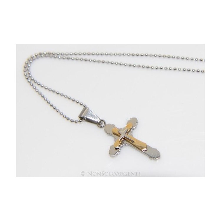 NSA|Steel necklace balls trilobate cross pendant chromed and gold pointed arrowhead