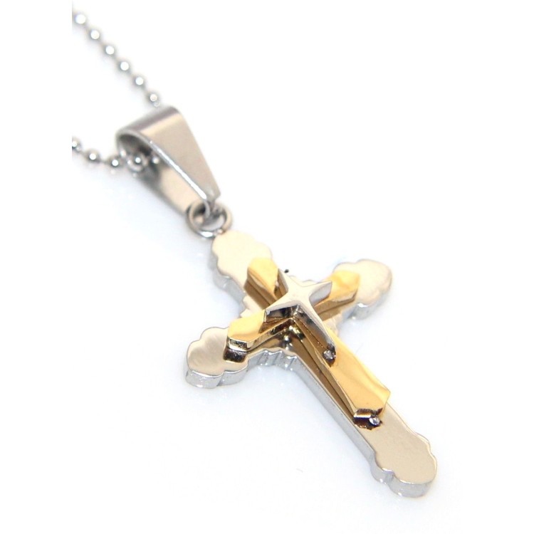 NSA|Steel necklace balls trilobate cross pendant chromed and gold pointed arrowhead