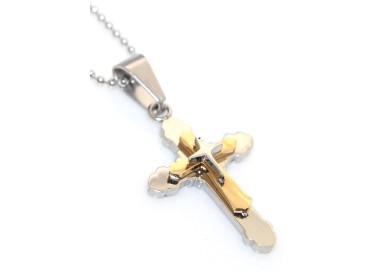 NSA|Steel necklace balls trilobate cross pendant chromed and gold pointed arrowhead