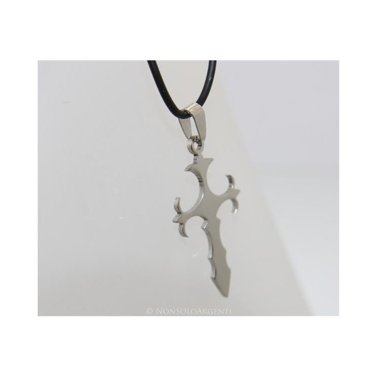 NSA|Acciaio : Collana caucciu uomo donna ciondolo croce ancorata cromata