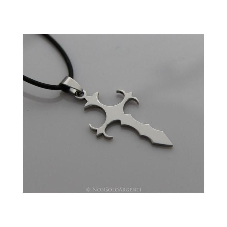 NSA|Acciaio : Collana caucciu uomo donna ciondolo croce ancorata cromata