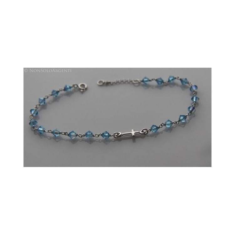 NSA|Bracciale in  Argento 925 Con Swarovski sapphire celeste da 4mm con croce Lung 19 e 21 cm