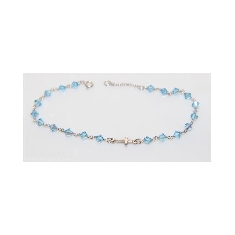 NSA|Bracciale in  Argento 925 Con Swarovski sapphire celeste da 4mm con croce Lung 19 e 21 cm