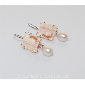 NSA|Argento 925 : Orecchini con ciondoli PERLE naturali e cammei di corniola e madreperla