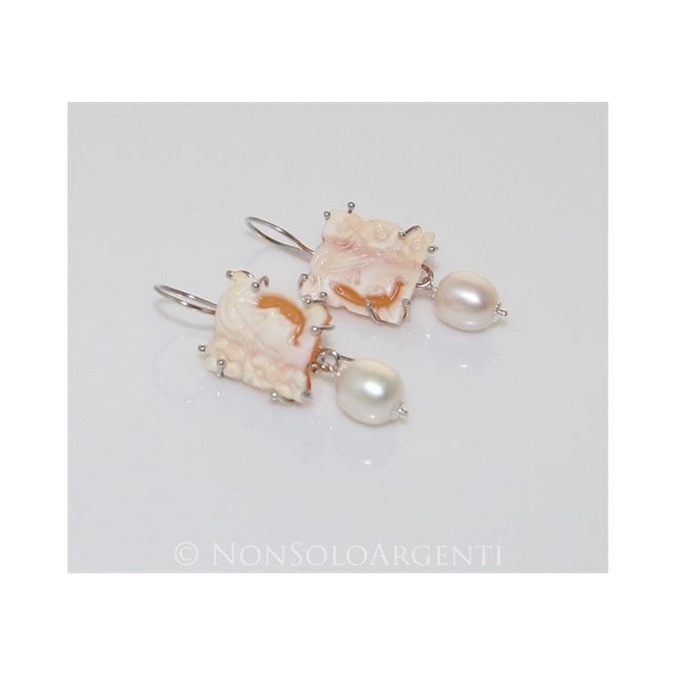 NSA|Argento 925 : Orecchini con ciondoli PERLE naturali e cammei di corniola e madreperla