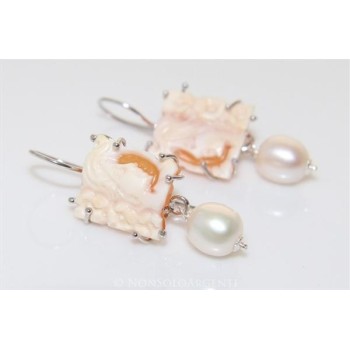 NSA|Argento 925 : Orecchini con ciondoli PERLE naturali e cammei di corniola e madreperla