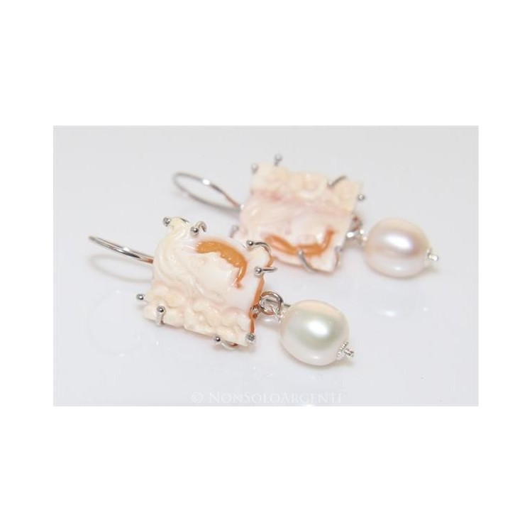 NSA|Argento 925 : Orecchini con ciondoli PERLE naturali e cammei di corniola e madreperla