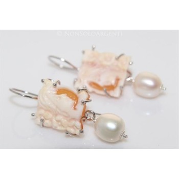 NSA|Argento 925 : Orecchini con ciondoli PERLE naturali e cammei di corniola e madreperla