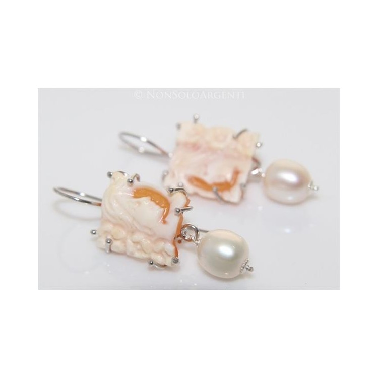 NSA|Argento 925 : Orecchini con ciondoli PERLE naturali e cammei di corniola e madreperla