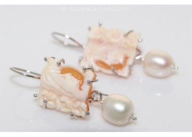 NSA|Argento 925 : Orecchini con ciondoli PERLE naturali e cammei di corniola e madreperla
