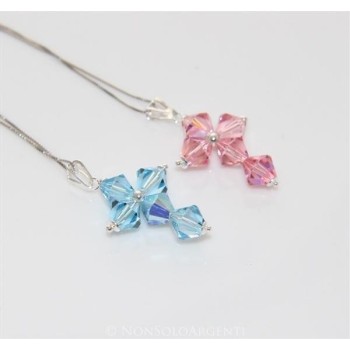 NSA|Collana con Ciondolo in Argento 925 a Croce realizzato con bicono swarovski certificato ROSA CELESTE