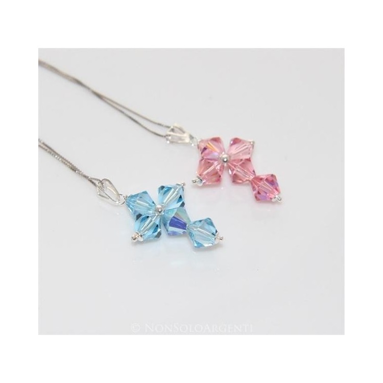 NSA|Collana con Ciondolo in Argento 925 a Croce realizzato con bicono swarovski certificato ROSA CELESTE