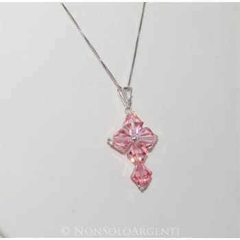 NSA|Collana con Ciondolo in Argento 925 a Croce realizzato con bicono swarovski certificato ROSA CELESTE
