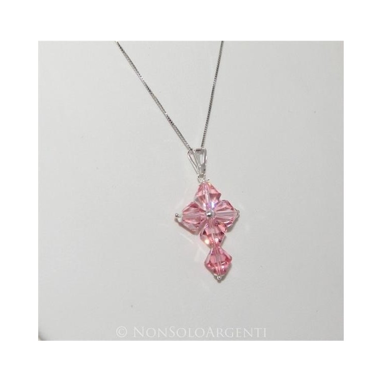 NSA|Collana con Ciondolo in Argento 925 a Croce realizzato con bicono swarovski certificato ROSA CELESTE