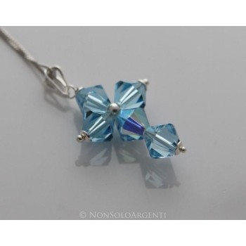 NSA|Collana con Ciondolo in Argento 925 a Croce realizzato con bicono swarovski certificato ROSA CELESTE