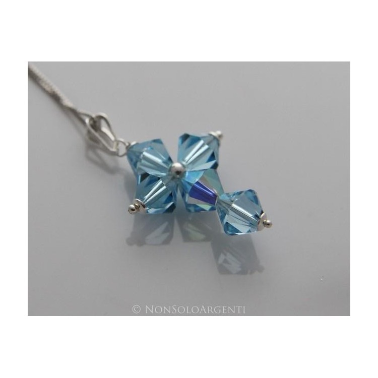 NSA|Collana con Ciondolo in Argento 925 a Croce realizzato con bicono swarovski certificato ROSA CELESTE