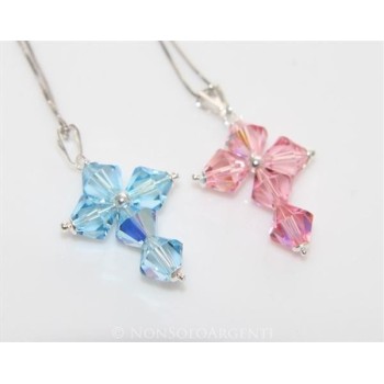 NSA|Collana con Ciondolo in Argento 925 a Croce realizzato con bicono swarovski certificato ROSA CELESTE