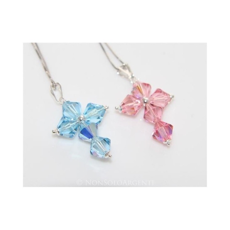 NSA|Collana con Ciondolo in Argento 925 a Croce realizzato con bicono swarovski certificato ROSA CELESTE