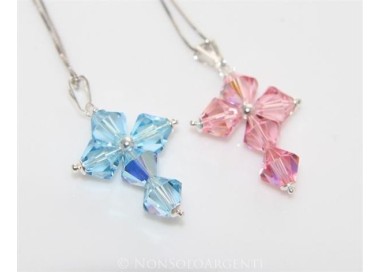 NSA|Collana con Ciondolo in Argento 925 a Croce realizzato con bicono swarovski certificato ROSA CELESTE