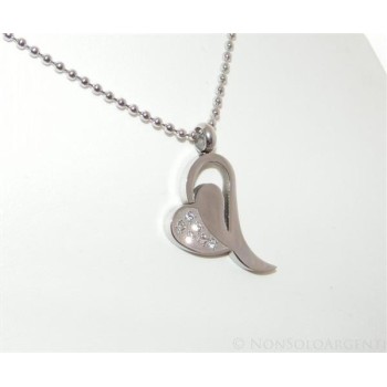 NSA|Acciaio : Collana palline con ciondolo cuore con 6 zirconi bianchi