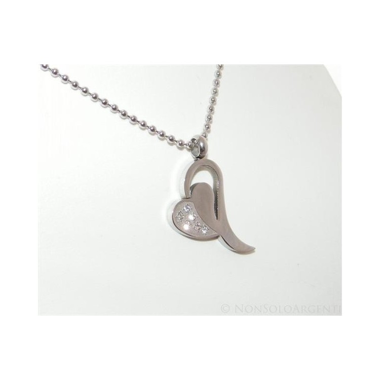 NSA|Acciaio : Collana palline con ciondolo cuore con 6 zirconi bianchi