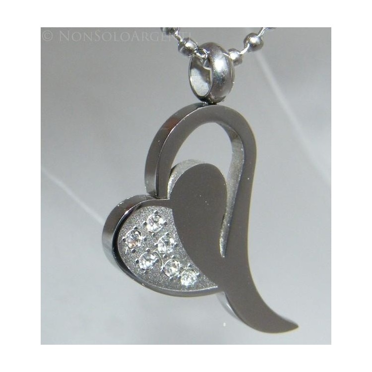 NSA|Acciaio : Collana palline con ciondolo cuore con 6 zirconi bianchi