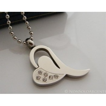 NSA|Acciaio : Collana palline con ciondolo cuore con 6 zirconi bianchi