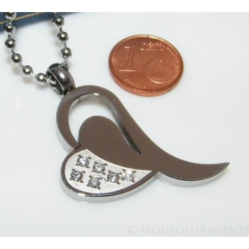 NSA|Collana acciaio ciondolo cuore 6 zirconi bianchi girocollo palline