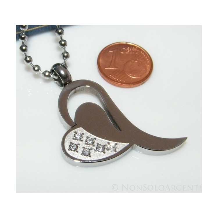 NSA|Steel heart pendant necklace 6 white zircons choker balls