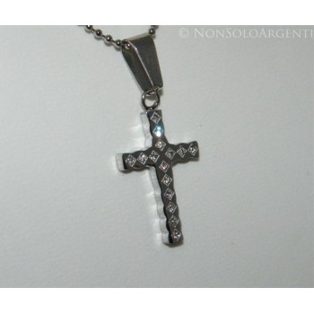 NSA|Acciaio : Collana palline con ciondolo croce con zirconia bianchi