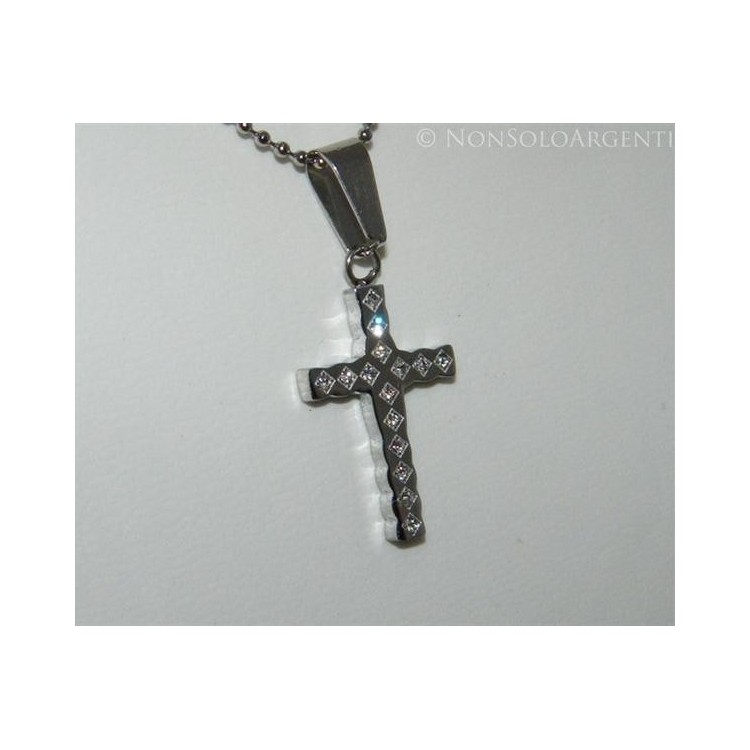 NSA|Acciaio : Collana palline con ciondolo croce con zirconia bianchi