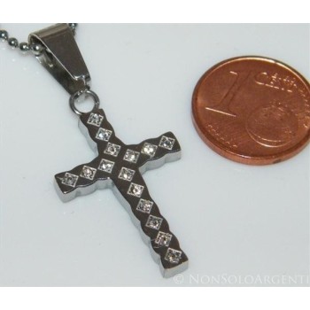 NSA|Acciaio : Collana palline con ciondolo croce con zirconia bianchi