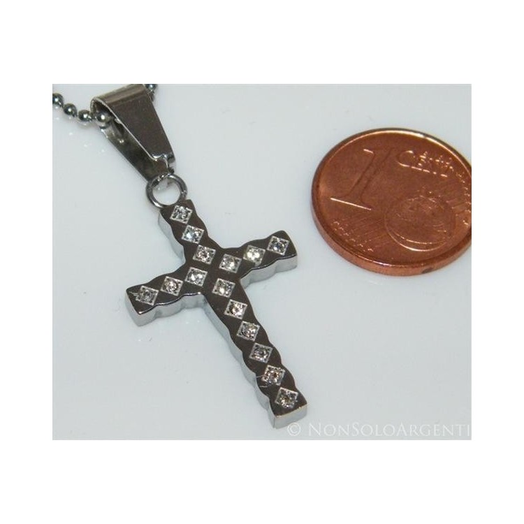 NSA|Acciaio : Collana palline con ciondolo croce con zirconia bianchi