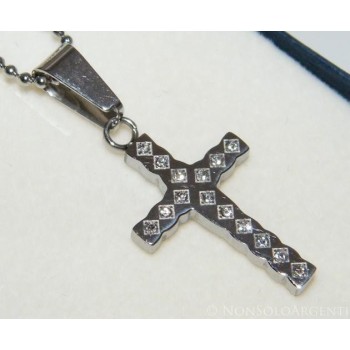 NSA|Acciaio : Collana palline con ciondolo croce con zirconia bianchi