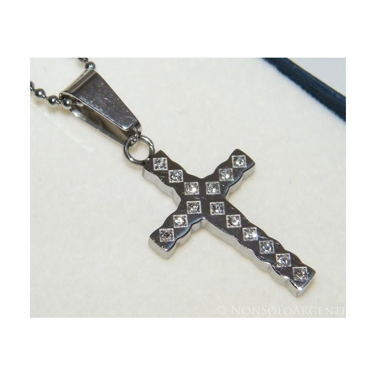 NSA|Acciaio : Collana palline con ciondolo croce con zirconia bianchi
