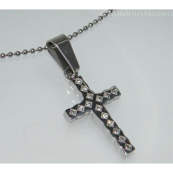 NSA|Acciaio : Collana palline con ciondolo croce con zirconia bianchi