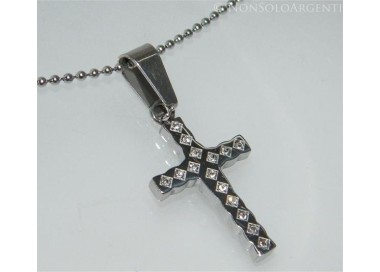 NSA|Acciaio : Collana palline con ciondolo croce con zirconia bianchi