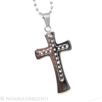 NSA|Acciaio : Collana pallini beads uomo donna ciondolo croce con rilievo di zirconi bianchi