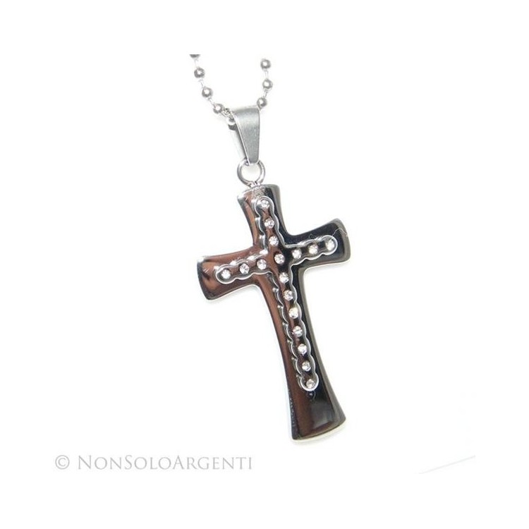 NSA|Acciaio : Collana pallini beads uomo donna ciondolo croce con rilievo di zirconi bianchi