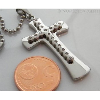 NSA|Acciaio : Collana pallini beads uomo donna ciondolo croce con rilievo di zirconi bianchi