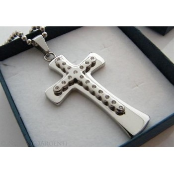 NSA|Acciaio : Collana pallini beads uomo donna ciondolo croce con rilievo di zirconi bianchi