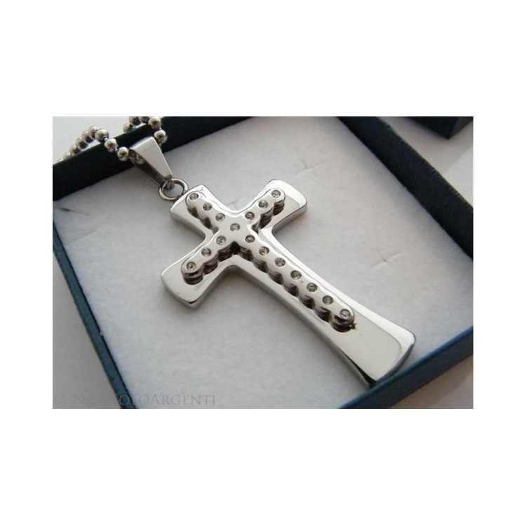 NSA|Acciaio : Collana pallini beads uomo donna ciondolo croce con rilievo di zirconi bianchi