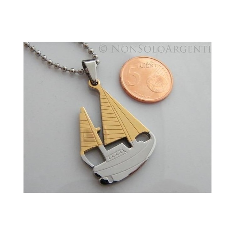 NSA|Acciaio : Collana pallini beads uomo donna ciondolobarca a vela 2 colori argento e oro